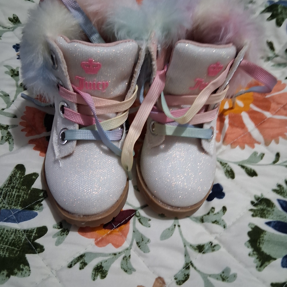 Juicy Couture White Glitter Kids Boots with Pastel Rainbow Accents
